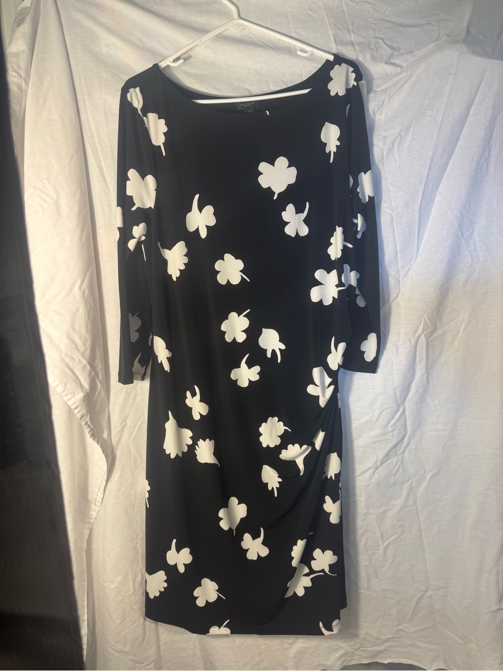 Ann Taylor Floral Ruched Midi Dress Black White Clover Print Stretch XL